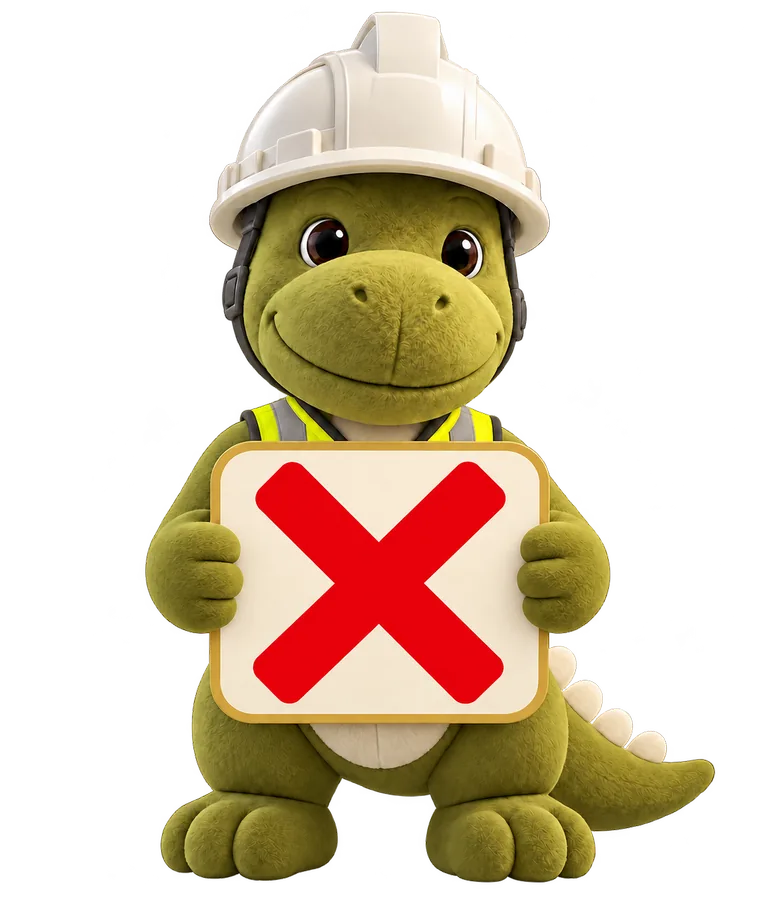 Smiling GINO holding a large red X sign with his plush paws